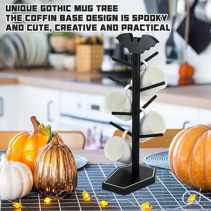 Bat Mug Holder Tree - 8 Hooks Coffee Mug Rack - Gothic Home Decor Wood Coffee Mug Tree for Countertop - Coffee Cup Holder for Halloween Kitchen Organizer & Coffee Bar Accessories (Coffin)