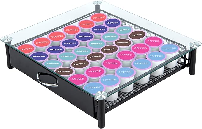 Restaurantware Restpresso 15.2 x 13.6 x 3.4 Inch Coffee Capsule Drawer, 1 Heavy-Duty Pod Drawer - Holds 36 K-Cups, Glass Top, Iron Espresso Pod Organizer, Mesh Tray, Pods Not Included