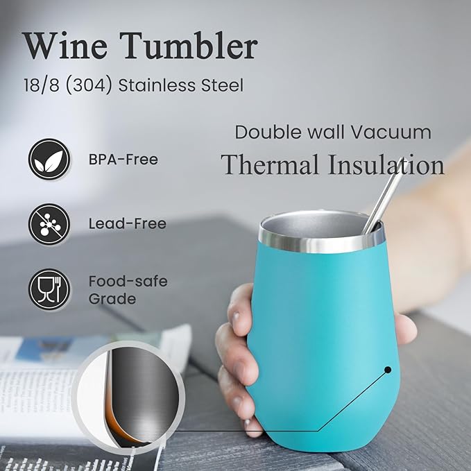 MEWAY 12oz Insulated Wine Tumbler with Lid and Straw - Double Wall Vacuum Stainless Steel Wine glass, Ideal for Travel and Office, Baby shower prizes for winners(Light Green,Set of 8)