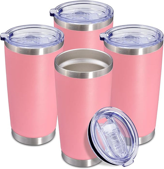 20 oz Tumbler Coffee Travel Tumblers Bulk with Lid Stainless Steel Double Wall Vacuum Insulated Mug Powder Coated Cups fit Car Cupholder for Hot and Cold - Pink, 4Pack