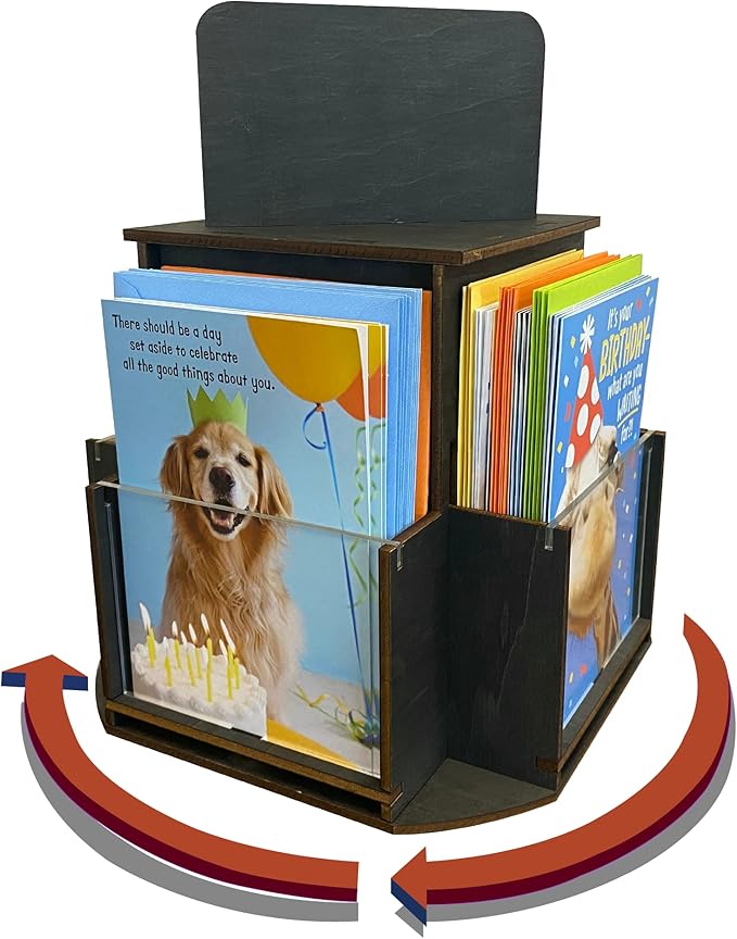 Rotating Greeting Card Display Stand, 1 Tier Wooden Organizer, 4-Sided Display Rack 360 Degree Spinning Multi-Pocket Display for Coasters, Stickers, Retail, Showcase, Tradeshow, 12.5”H (Ebony)