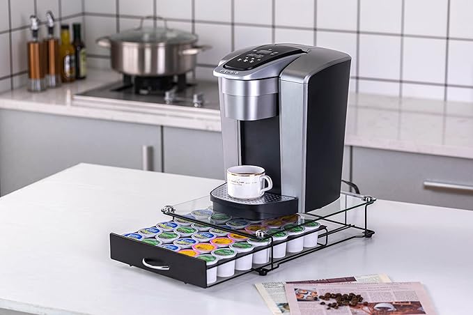 ZCDCP K Cup Holder Drawer, Coffee Pod Holder for K Cup Orgainzer with Termpered Glass Top, Keurig Coffee Pods Holder Capsule with 35 Pods, Black