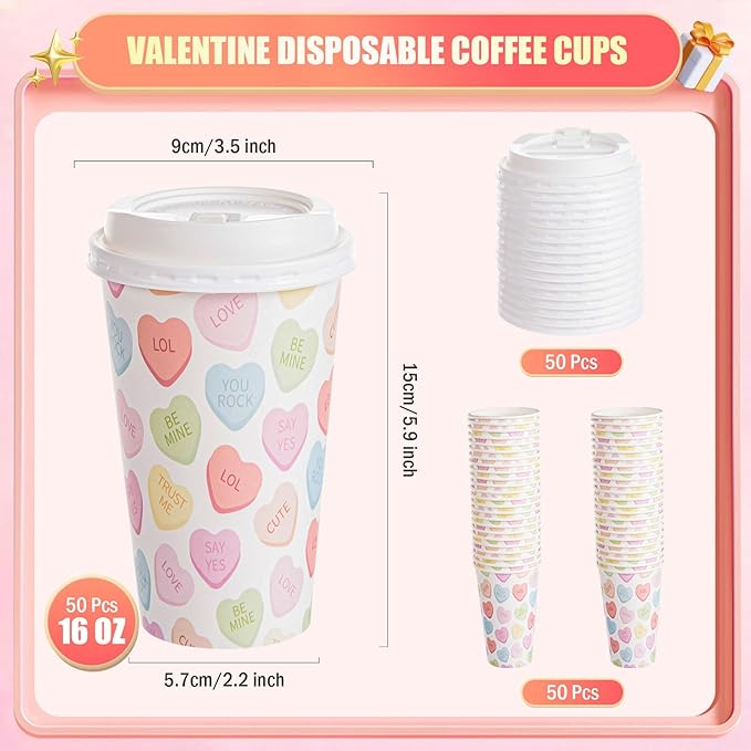 FOBSME 50 Pcs Valentine Disposable Coffee Cups With Lids 16oz Conversation Heart Paper Cups Colorful Valentine Party Drinking Cups for Wedding Anniversary Party Supplies