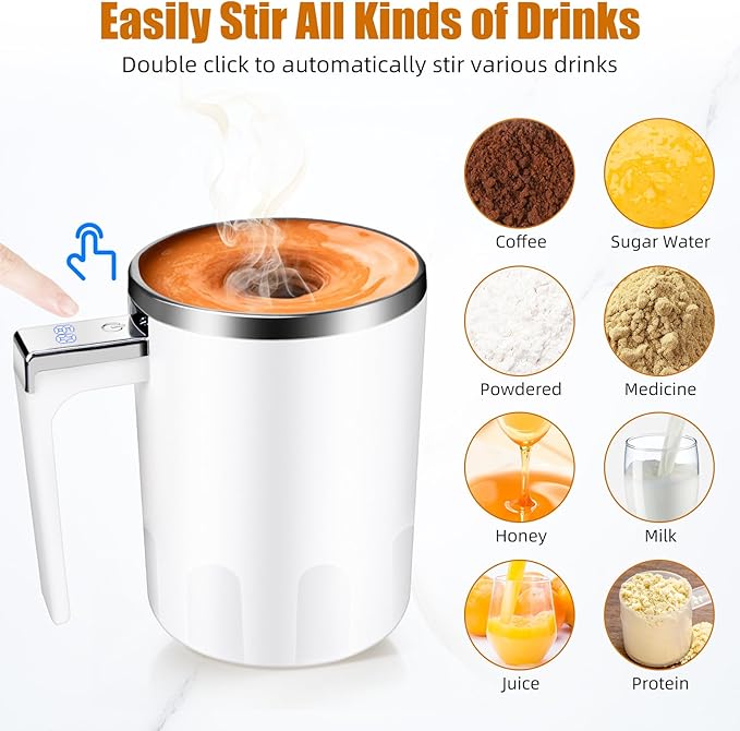 Self Stirring Coffee Mug: 2025 New Rechargeable Auto Magnetic Stirring Mixing Mug with Temperature Display,13oz Stainless Steel Travel Coffee Cup for Office, Home, Kitchen, Best Gift (White)