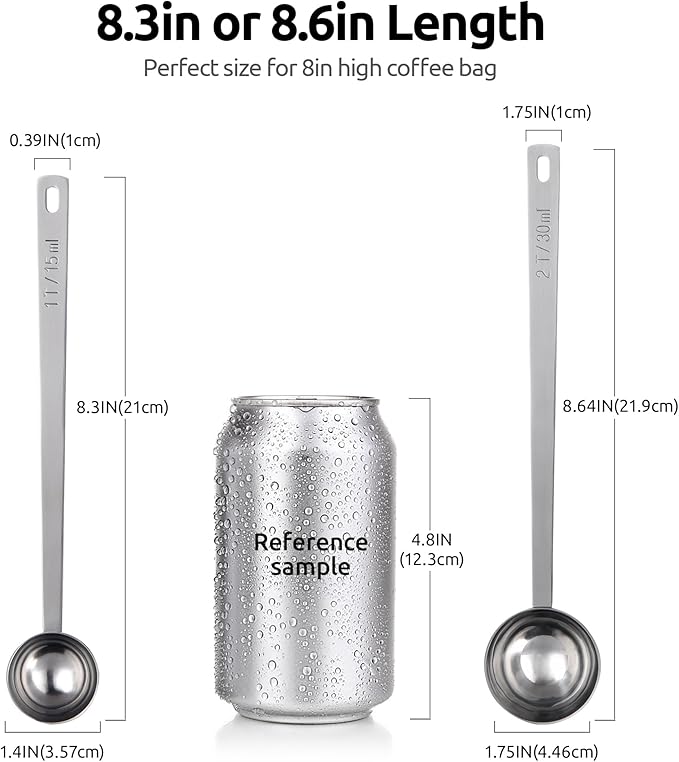 U-Taste Coffee Scoop 1&2 Tablespoon: 18/8 Stainless Steel Measuring Scooper for Ground Coffee, Bean, Powder, Espresso, 6.9in Long Handle Metal Meaure Spoon for Canister, Jar(1&2Tbsp/15&30ml, Silver)