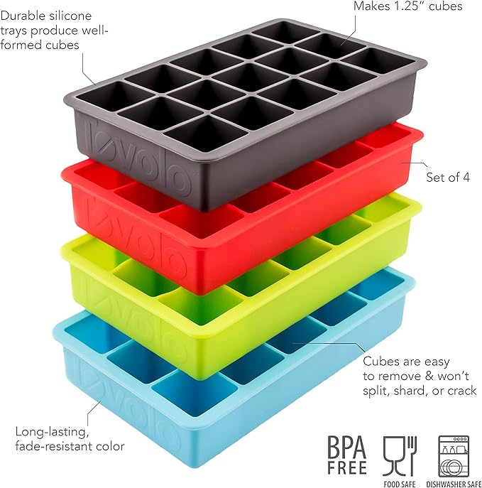 Tovolo Perfect Cube Ice Mold Trays, Sturdy Silicone, Fade Resistant, 1.25" Cubes, Assorted, Set of 4