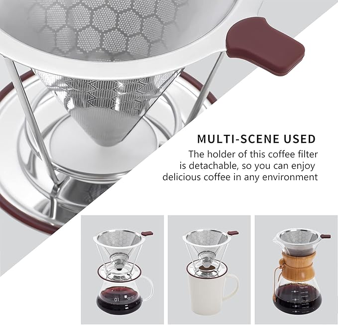Pour Over Coffee Dripper Stainless Steel Coffee Filter Metal Cone Filter Paperless Reusable Single Cup Maker 1-2 Cup With Non-slip and Removable Cup Stand
