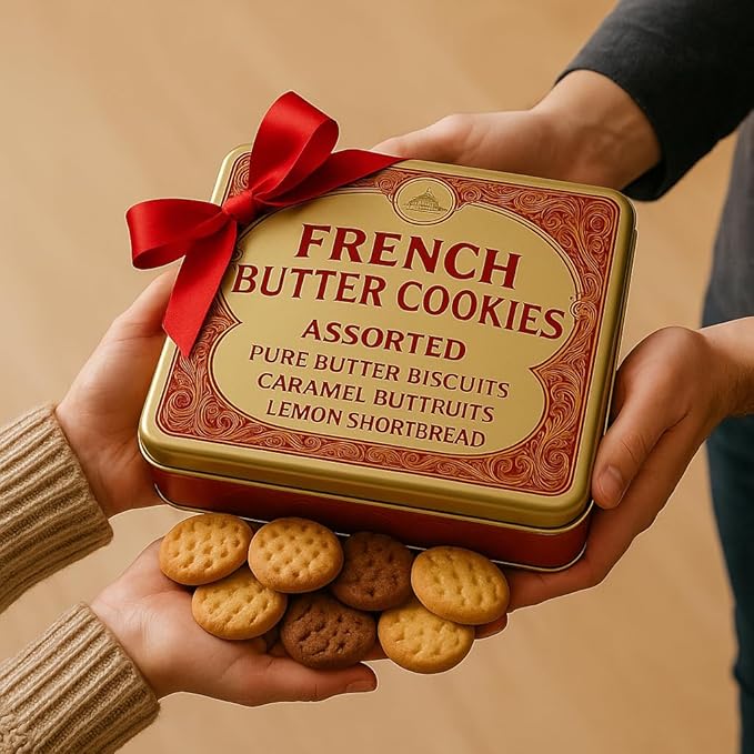 Premium French Butter Cookies Assortment in Gift Tin – Pure Butter, Caramel, Chocolate Shortbread & Lemon Biscuits – Holiday Cookie Gift Box, Gourmet European Treats