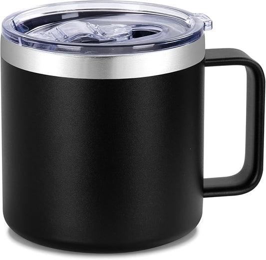 VEGOND 14 oz Insulated Coffee Mug with Handle, Stainless Steel Travel Coffee Mug with Lid, Double Wall Vacuum Metal Coffee Cup, Coffee Tumbler Powder Coated, Black 1 Pack