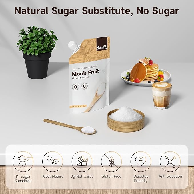SPICEEL Monk Fruit Sweetener with Allulose - White Sugar Substitute, Coffee, Tea, without Erythritol, Gluten Free, Vegan, Keto Friendly, Sugar Replacement (8 oz)