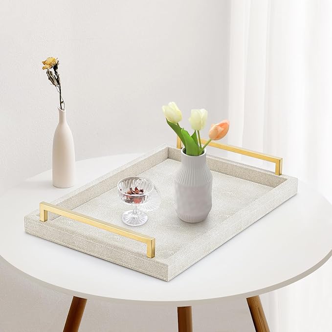 Ivory Shagreen Decorative Tray Large Rectangle Coffee Table Tray for Ottoman Faux Leather Serving Tray with Brushed Gold Handles