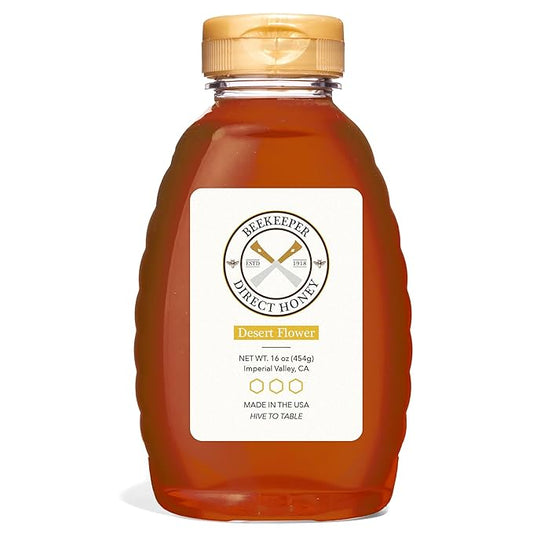 Beekeeper Direct Raw Unfiltered Honey - Real Raw Desert Flower Honey - All Natural Non-GMO Pure Gourmet Honey - Local California Sonora Desert Blossom Honey (1lbs Squeeze Bottle)