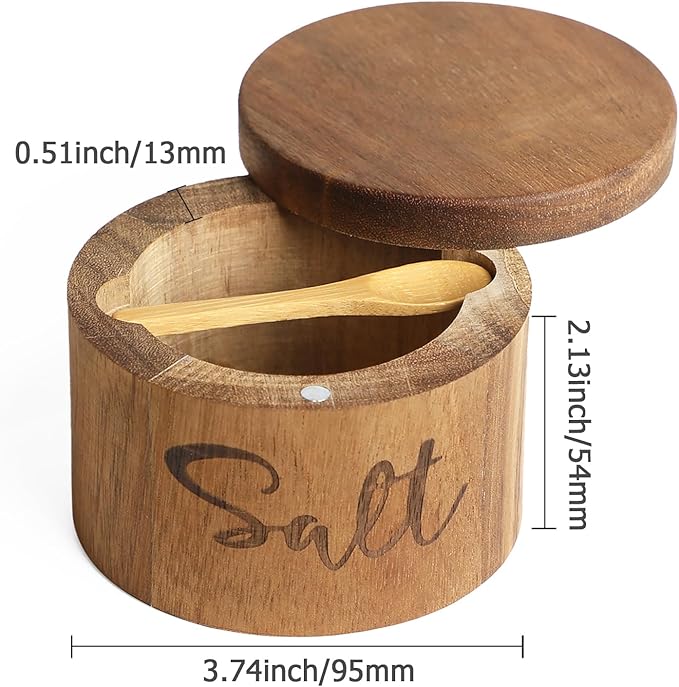 Acacia Wood Spice Boxs with Swivel Cover for Kitchen Countertop,Salt Keeper with Built-in Spoon,Modern Farmhouse Kitchen Decoror for Storing Seasonings (Labeled Salt)