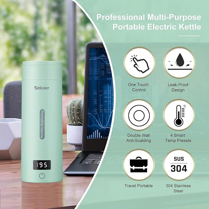 Sekaer Travel Electric Tea Kettle Portable Small Mini Coffee Kettle, with 4 Variable Presets, Personal Hot Water Boiler 304 Stainless Steel with Auto Shut-Off & Boil Dry Protection, SY-618G