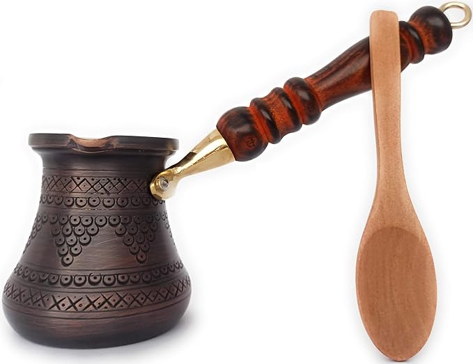 PCZ Series (Small-6 fl.oz) Thickest Solid Copper Engraved/Stamped Turkish Greek Arabic Coffee Pot with Wooden Handle, Stovetop Coffee Maker Cezve Jezve Jazva Jazzve Ibrik Briki (Antique)