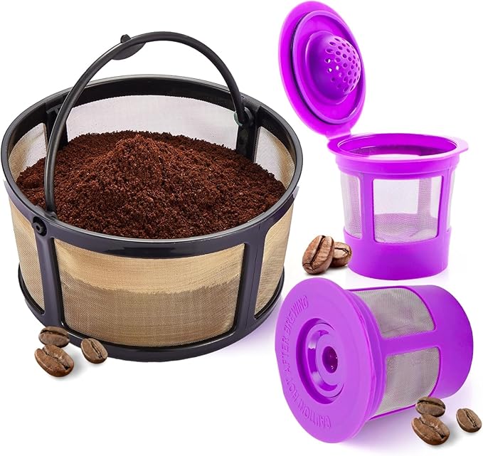 Reusable Mesh Ground Coffee Filter Carafe for Keurig K-Duo Essentials and K Duo Brewers Machine, With 2 Refillable K Cups Pod by PureHQ - Gold Tone Mesh Filter - Value Pack