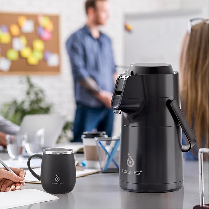 IDEUS Thermal Coffee Carafe 74oz (2,200ml), Stainless Steel Double Wall Insulated Vacuum Flask, Water Jug Coffee Server and Beverage Dispenser, Heat and Cold Retention (Black, 74oz (2,200ml))