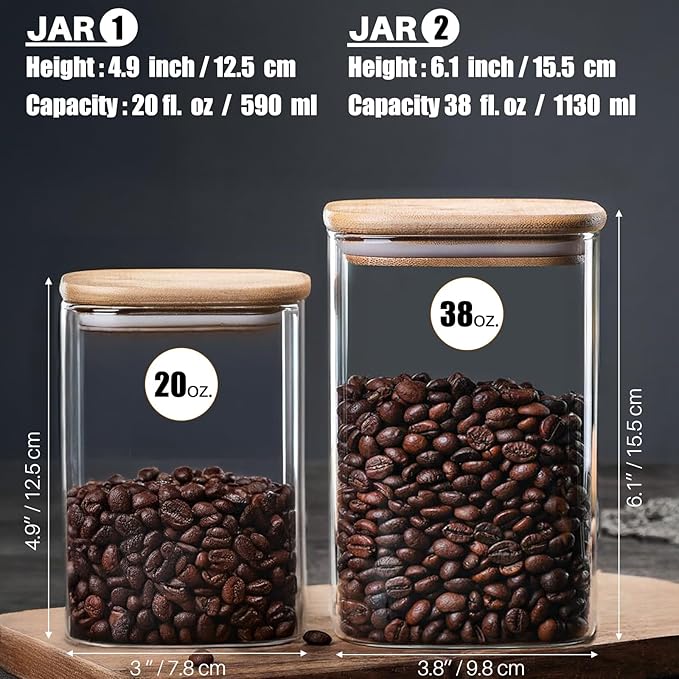 38 oz Glass Food Storage Jars with Airtight Lids, Clear Glass Jar with Bamboo Lid, Airtight Food Canister for Tea, Candy, Coffee, Sugar, Cookie, Snack. (Square| 5+6 Inch) SET of 3