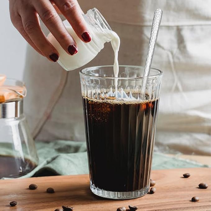 8.4-Inch Hammered Ice Tea spoon Long Handle, Coffee Spoon, Ice Cream spoons, Stainless Steel Cocktail Stirring Spoons, Tea spoon，Set of 6