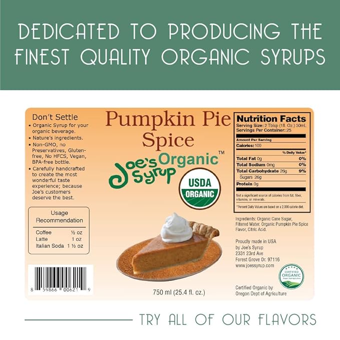 Joe’s Syrup Organic Flavored Syrup, Organic Pumpkin Pie Spice, 750 ml