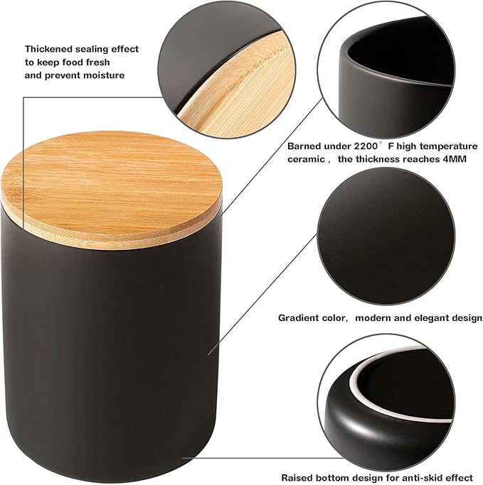 Yangbaga Black Canisters for Kitchen-Kitchen Canisters for Countertop with Airtight Wood Lids/Spoons/Stickers,Ceramic Kitchen Storage Containers for Large Flour,Suger,Coffee（15 OZ