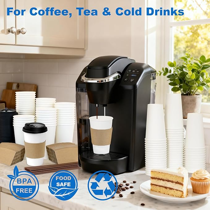 16 oz 50 Pack Coffee Cups with Lids and Sleeves, Straws, Hot Disposable To Go Travel Paper Cups Bulk for Office, Home Coffee Bar Accessories, Chocolate, Cocoa, Beverage (White)