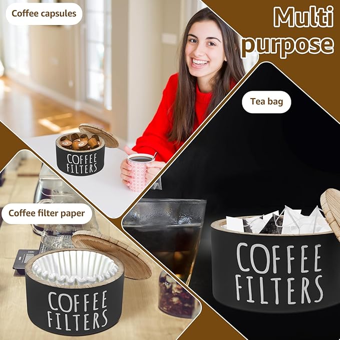 Coffee Filter Holder, Wooden Large Capacity Rustic Coffee Filter Storage Case Dispenser with Bamboo Lid, Round Organizer Basket Container Storage for Pod and Filter, Coffee Bar Accessories