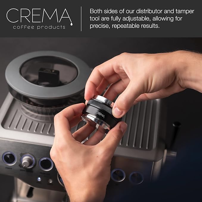 CREMA Coffee Products 54mm Hand Tamper & Coffee Distributor | Compatible with Breville Portafilters | Double-Sided, Adjustable Depth Tool | Made with Durable 304 Stainless Steel | Silver