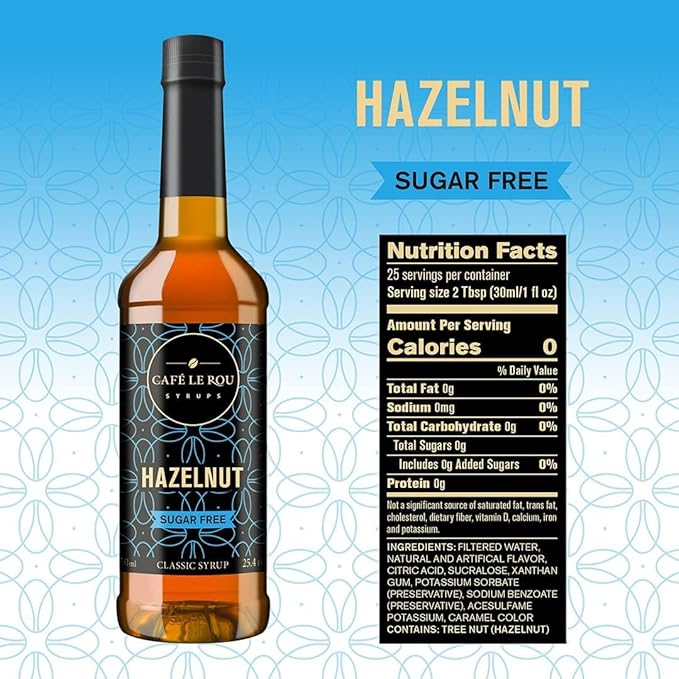 Café Le Rou Hazelnut sugar-free classic syrup bottle with nutrition facts and ingredients on blue background