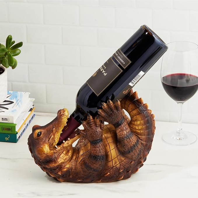 TRUE Amazing Alligator Polyresin Wine Stand Bottle Holder, Brown, Holds 1 Bottle, Tabletop Mount