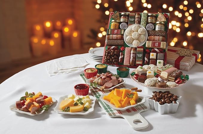 The Swiss Colony 27 Favorites and 36 'Merry Christmas' Petits Fours Christmas Gift Bundle - Assorted Cheeses, Candies, Chocolates, Summer Sausage Meats, and Gourmet Mini Layer Cakes