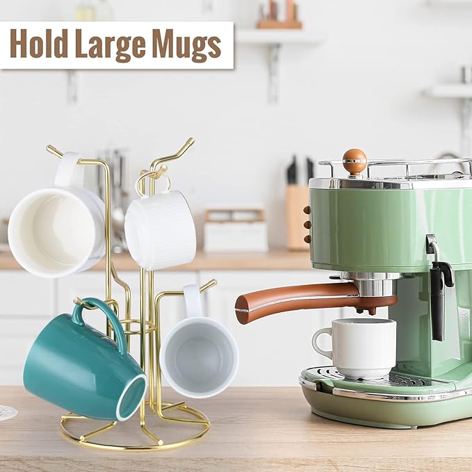 HULISEN Mug Holder for Large Cups, Mug Tree for Counter with 6 Hooks, Metal Coffee Mug Stand for Easy Pick, Place and Display, Coffee Bar Accessories and Decor, Free Standing Mug Rack, Gold