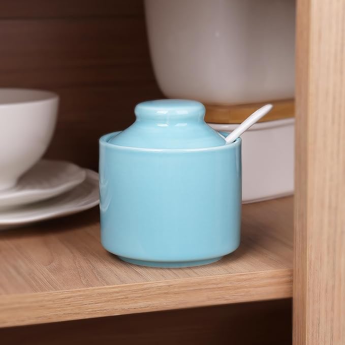 HAOTOP 8 oz Sugar Bowl with Lid and Spoon,Ceramic Sugar Jar Sugar Dispenser Sugar Container Coffee Bar Accessories, Kitchen Countertop Canisters (Turquoise)