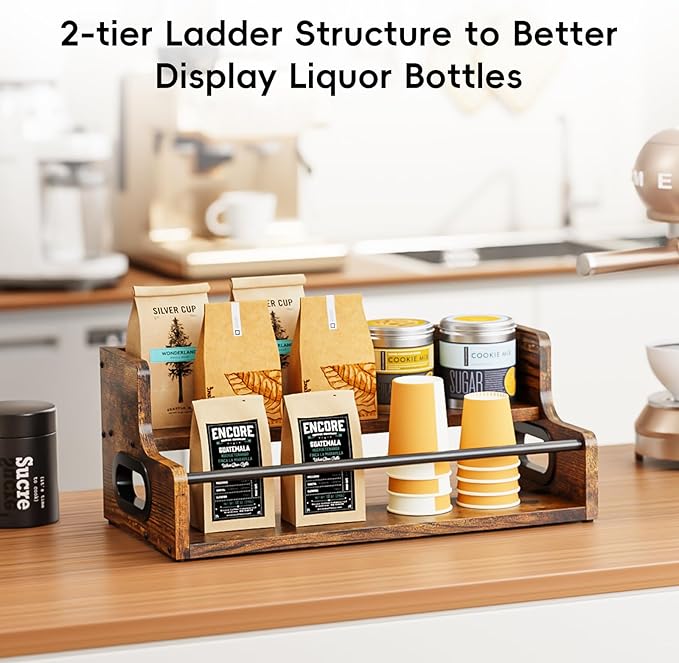 KLM Liquor Bottle Display Shelf, Coffee Syrup Rack Organizer, 2 Step Countertop Liquor Wine Rack, mini bar,Liquor Cabinet, Home Retro Bar Shelf Stand for Liquor Whiskey, Spirits, Brown