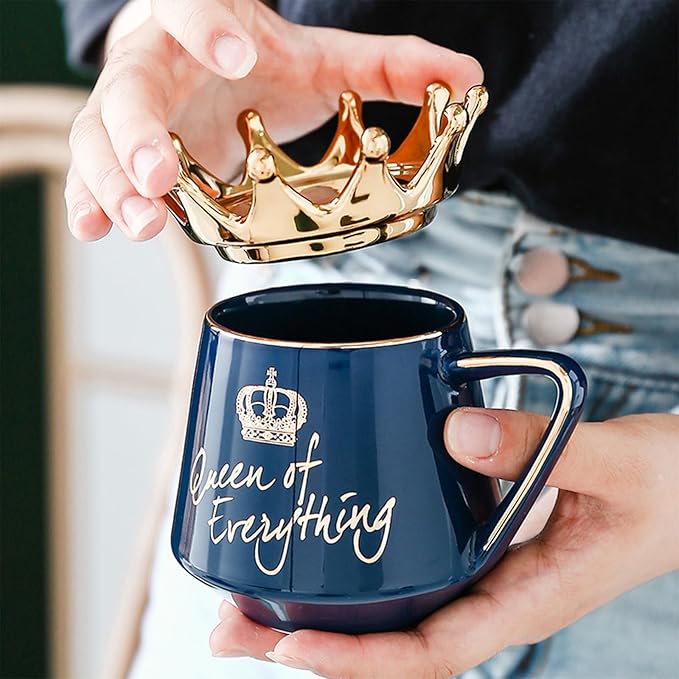 Queen of Everything Mug with Lid Cute Mugs Gift with Crown Dark Blue Coffee Mug with Spoon & Coaster 12 oz Ceramic Tea Cup Birthday Gift for Women Girls Mom Friend
