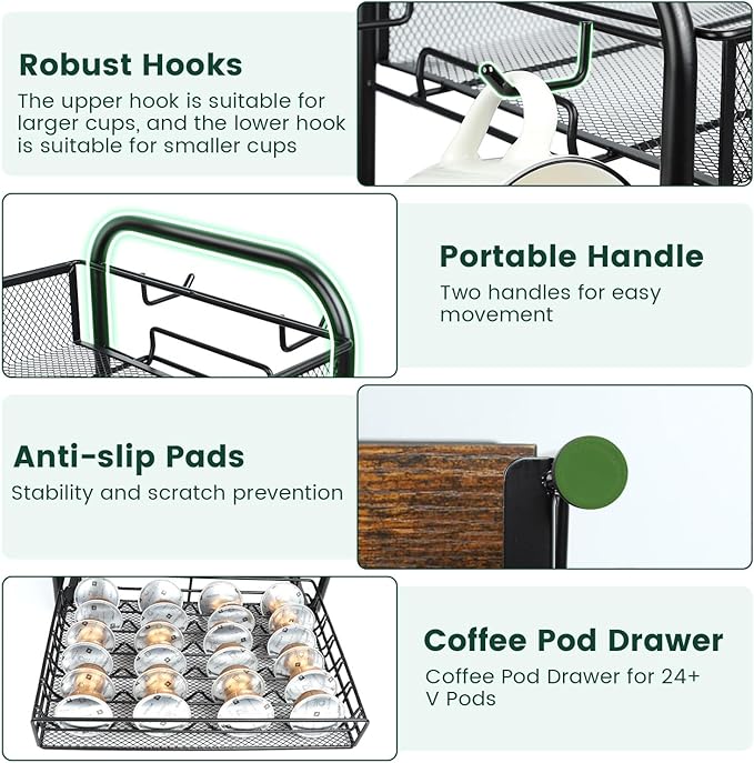 Coffee Bar Organizer, Station Mug Holder for Countertop, Multi-Functional 3 Tier Coffee Cup Tree Rack for Kitchen, Storage Shelf with 10 Hooks, Vertuo Pods Drawer for Home Office