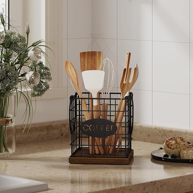 YINMIT K Cup Holder Organizer, Rustic Coffee Pod Holder Organizer, 35 Kcup Holder for Counter with Handle，Large Capacity Black Wire Coffee Capsule Basket for Kitchen Office Desktop (Square Grid)