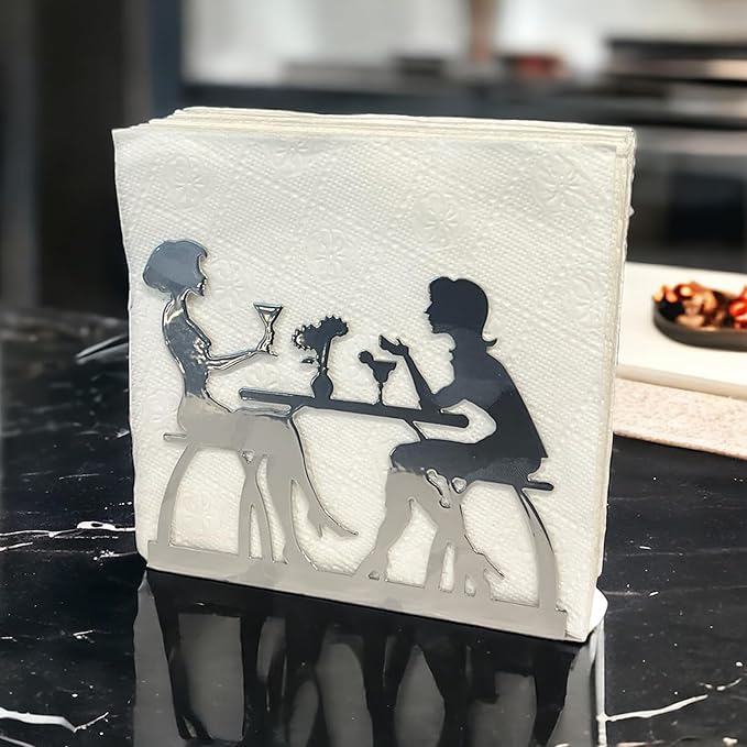 Metal Napkin Holder for Home Kitchen Restaurant Picnic - Women Theme Tabletop Paper Organizer Upright Tissue Dispenser (Silver)