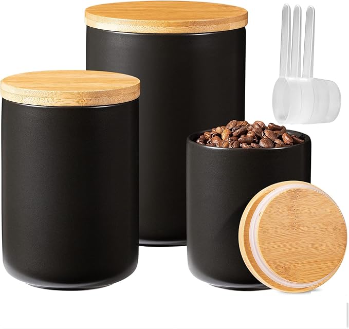 Yangbaga Black Ceramic Canister Set for Kitchen-Set of 3 Kitchen Canisters for Countertop with Airtight Wood Lids,Large Kitchen Storage for Flour,Suger,Coffee-Modern Countertop Decor