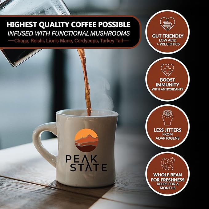 Peak State Coffee with Functional Mushrooms, Low Acid, Whole Bean (FOCUS, BOOST IMMUNITY, & DESTRESS) (Immunity Boost)