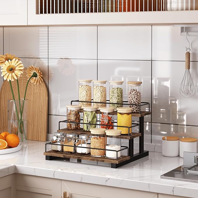 Homode Liquor Bottle Display Shelf, Coffee Syrup Rack Organizer, 3 Tier Wine Rack Countertop, Home Retro Bar Shelf Stand Holder for Liquor Whiskey Spirits, Mini Bar, Liquor Cabinet, Rustic Brown