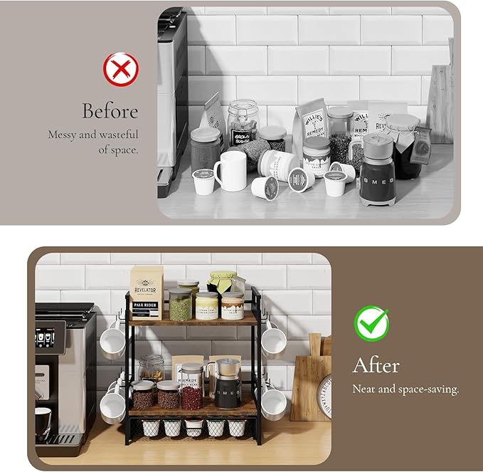Coffee Bar Organizer, 3 Tier Coffee Station Organizer for Countertop, Mug Cup Holder Stand with 12 Hooks, with K Cup Storage Drawer, Tea Organizers Accessories for Home Office