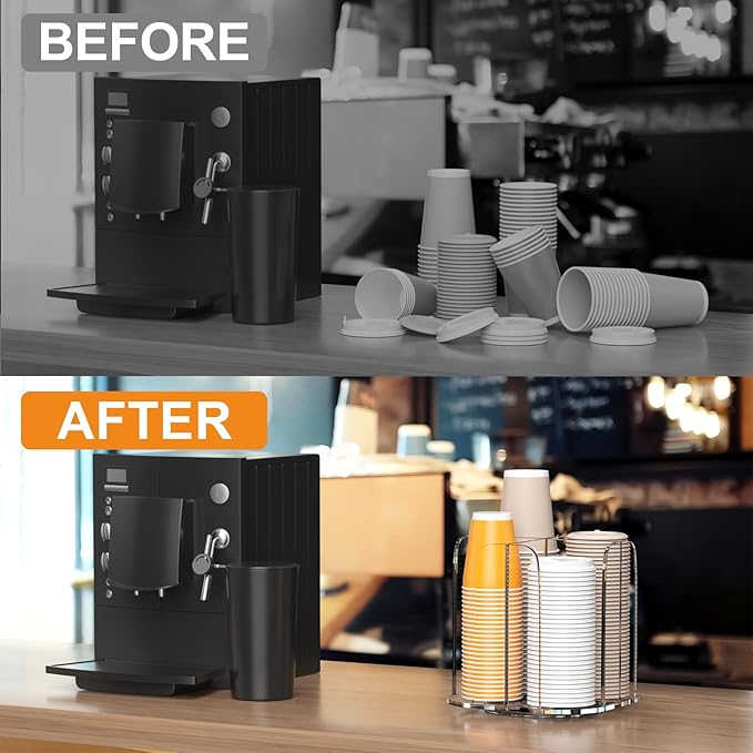 Beego Rotatable 4-Compartment Acrylic Cup Dispenser - Coffee Station Cup and Lid Carousel Countertop Plastic Cup Holder for Restaurant Breakroom Coffee Bar