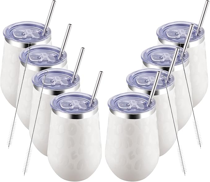 MEWAY 12oz Insulated Wine Tumbler Bulk, Double Wall Vacuum Stainless Steel Travel Tumbler with Straw,8 pack of wine tumbler glasses(Almond Leopard,Set of 8)
