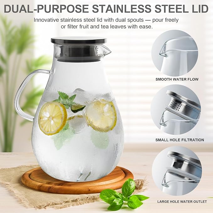 2L Large Glass Pitcher Water Jug with Lid – Hot and Cold Water Carafe for Tea Juice Fruit Infused Water, Perfect for Family Meals Parties