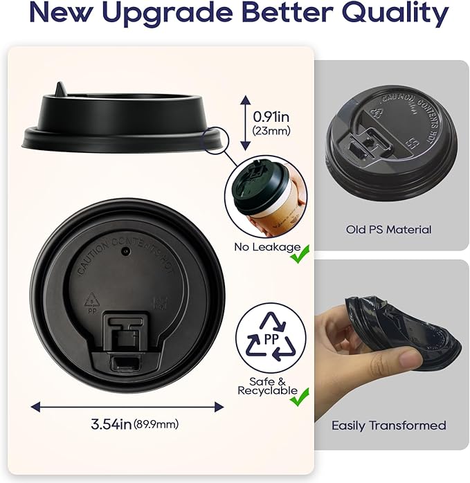 LITOPAK 200 Count Coffee Cup Lids, 3.54'' Disposable Plastic Lids for 10oz, 12oz, 16oz, and 20oz Paper Cups, Black