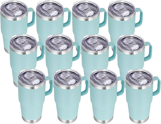 VEGOND 20 oz Tumbler Bulk with Handle Lid and Straw, Stainless Steel Insulated Travel Coffee Mug Set, Spill Proof Double Wall Metal Tumblers Cups, Mint Green 12 Pack