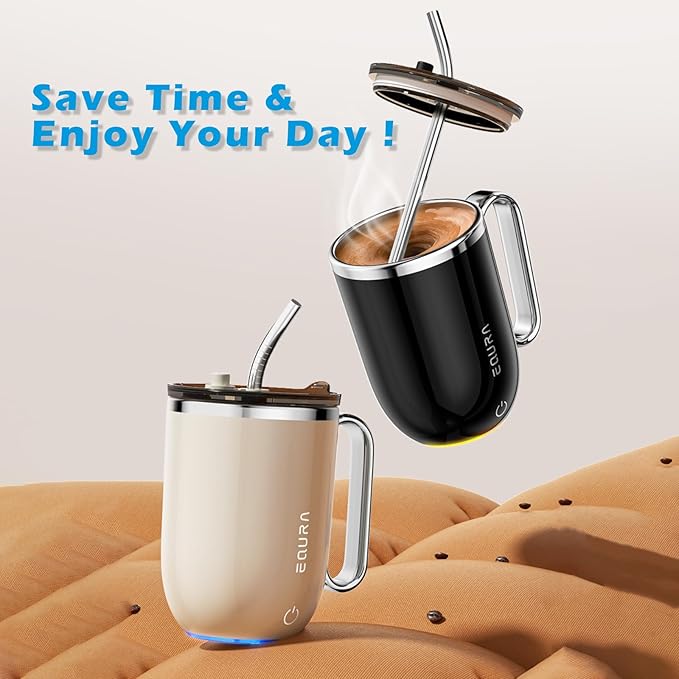 Self Stirring Mug - 4-Color Temp Display Magnetic Electric Auto Mixing Stainless Steel Cup with Straw & Lid For Office/Kitchen/Home/Coffee/Milk- 14.2oz/420ml(Black)
