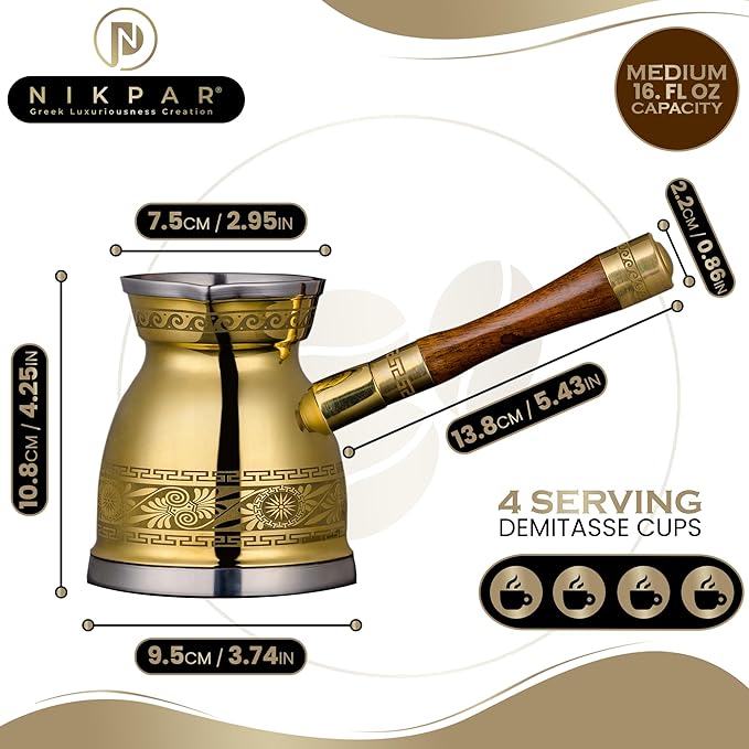 NIKPAR Luxury Greek Coffee Pot Macedonian Collection, Turkish Arabic Coffee Pot, Coffee Maker, Patent Detachable Handle Cezve, Briki Laser Engraved, Luxurious Gift Box (16 oz Medium)
