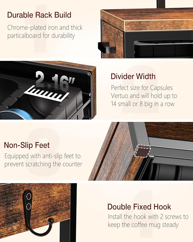 Evermagin Coffee Pod Holder, Vertuo Pod Holder Compatible with Nespresso, 28 Large or 56 Small Nespresso Capsule Organizer Drawer Station with Cup Rack, Rustic Brown